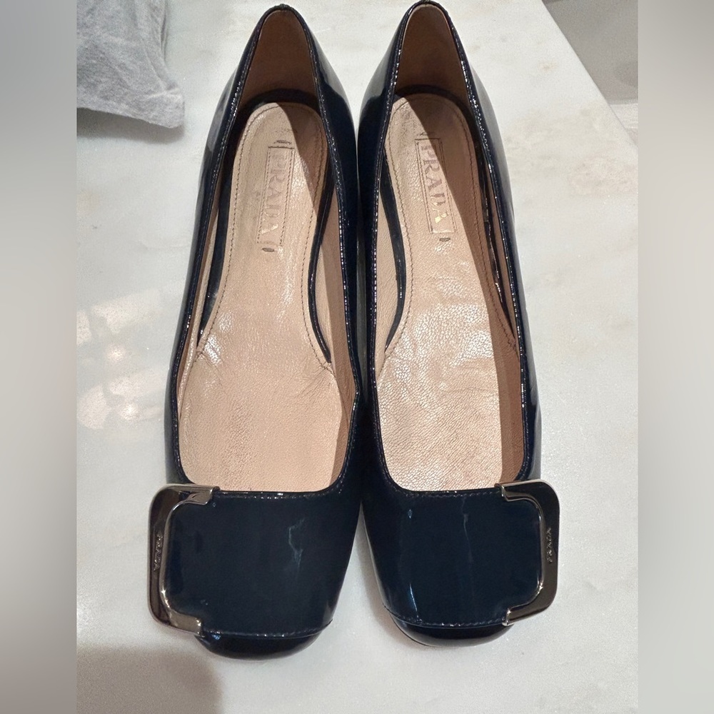 Prada Black Patent Leather Square-Toe Flats with Gold Buckle